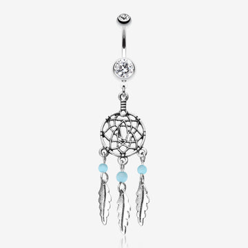 Classic Beaded Dreamcatcher Belly Button Ring-Clear Gem/Aqua